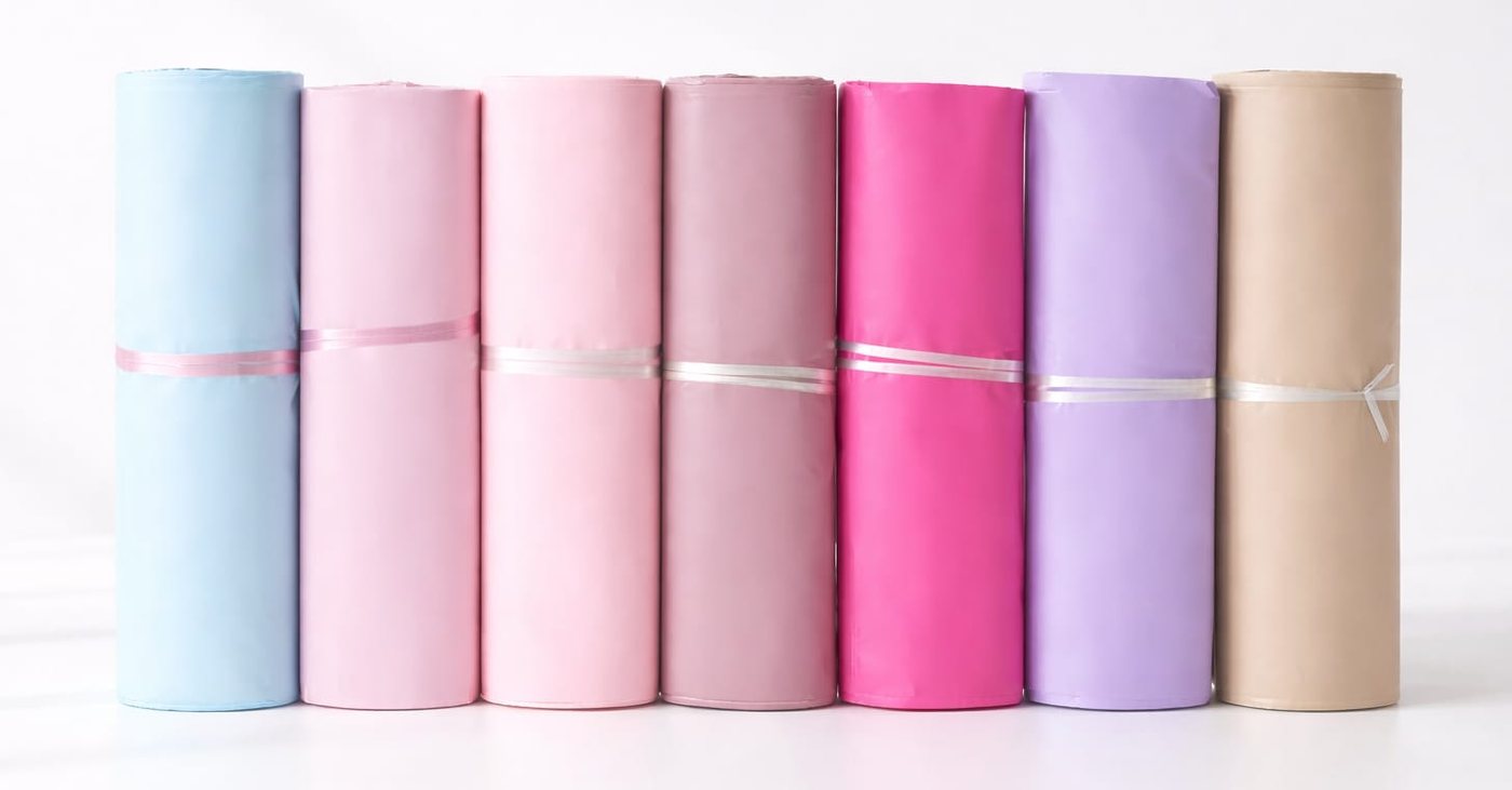 Seven rolls of Shipply poly mailers sold by the roll: Premium Blue, Premium Pink, Light Pink, Nude Pink, Hot Pink, Purple and Milk Tea