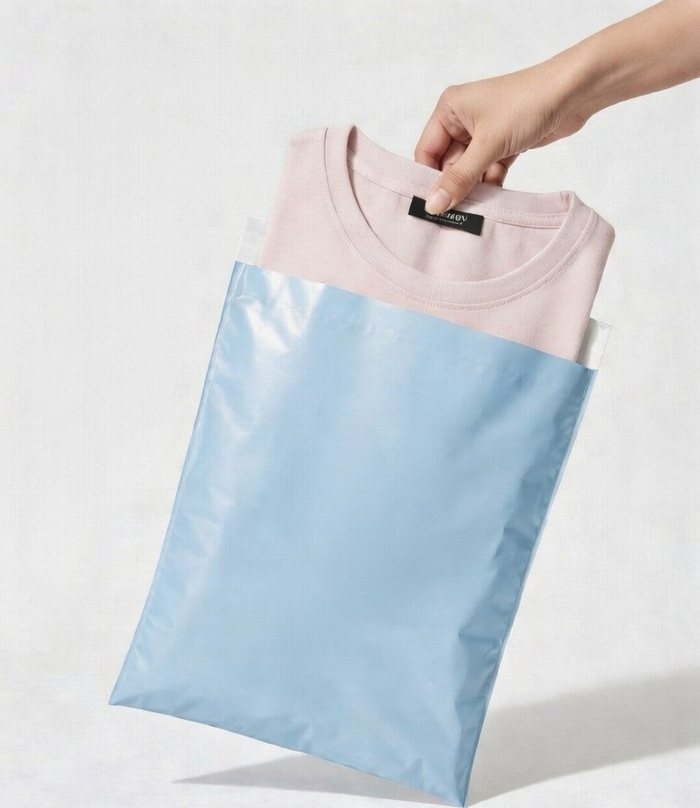A folded t-shirt being packed into a Premium Blue poly mailer