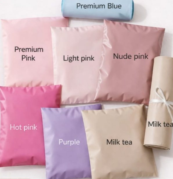 Flat Shipply poly mailers in Premium Pink, Light Pink, Nude Pink, Hot Pink, Purple and Milk Tea, with a Premium Blue roll